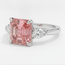 Padparadscha Sapphire Ring 3.6 Carat Genuine Asscher and White Trilliant Three Stone Platinum