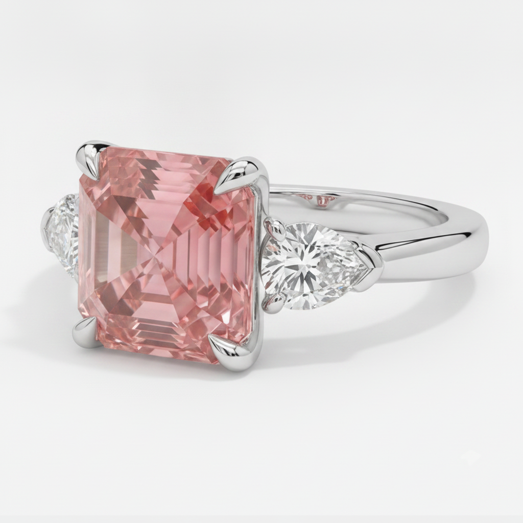 Padparadscha Sapphire Ring 3.6 Carat Genuine Asscher and White Trilliant Three Stone Platinum