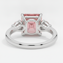 Padparadscha Sapphire Ring 3.6 Carat Genuine Asscher and White Trilliant Three Stone Platinum