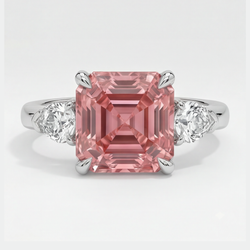 Padparadscha Sapphire Ring 3.6 Carat Genuine Asscher and White Trilliant Three Stone Platinum