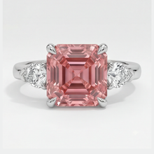 Padparadscha Sapphire Ring 3.6 Carat Genuine Asscher and White Trilliant Three Stone Platinum
