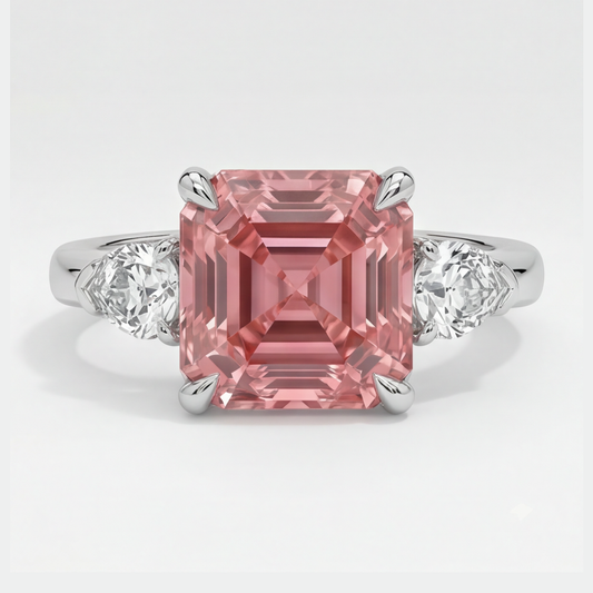Padparadscha Sapphire Ring 3.6 Carat Genuine Asscher and White Trilliant Three Stone Platinum