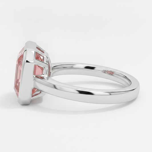 Peach Color Sapphire 3 Carat Real Asscher Padparadscha Bezel Solitaire Ring Platinum