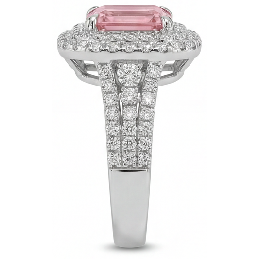 Peach Color Sapphire 4.5 Carat Lab Grown Asscher Padparadscha Double Halo Ring 14K White Gold