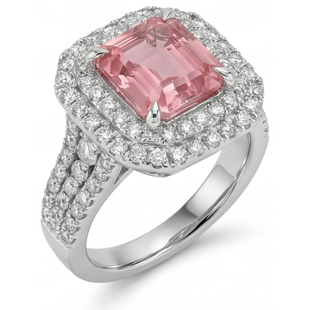 Peach Color Sapphire 4.5 Carat Lab Grown Asscher Padparadscha Double Halo Ring 14K White Gold