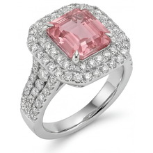 Peach Color Sapphire 4.5 Carat Lab Grown Asscher Padparadscha Double Halo Ring 14K White Gold