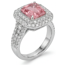 Peach Color Sapphire 4.5 Carat Lab Grown Asscher Padparadscha Double Halo Ring 14K White Gold