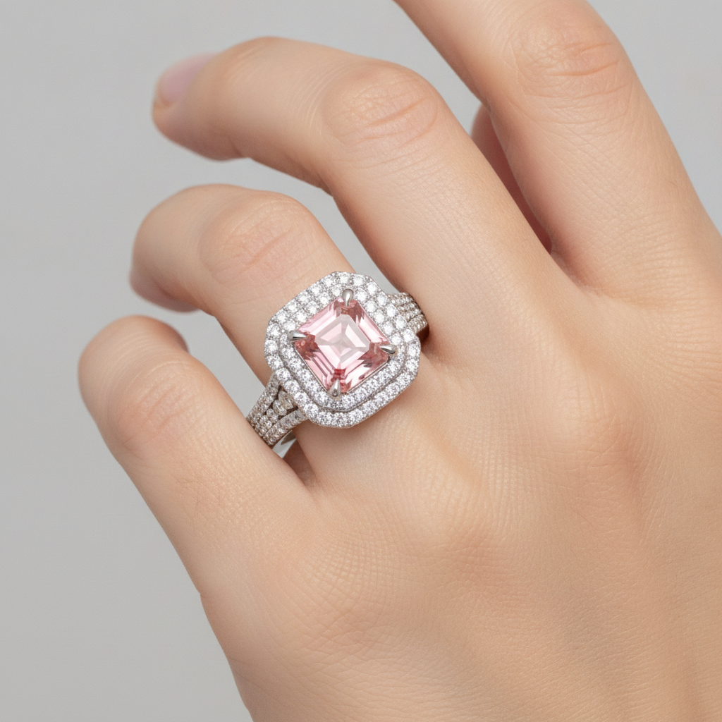 Peach Color Sapphire 4.5 Carat Lab Grown Asscher Padparadscha Double Halo Ring 14K White Gold