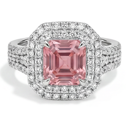Peach Color Sapphire 4.5 Carat Lab Grown Asscher Padparadscha Double Halo Ring 14K White Gold