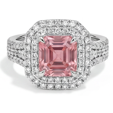 Peach Color Sapphire 4.5 Carat Lab Grown Asscher Padparadscha Double Halo Ring 14K White Gold