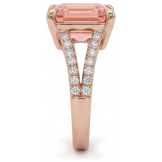 Padparadscha Sapphire Ring 4.3 Carat Lab Grown Asscher Pave 14K Rose Gold