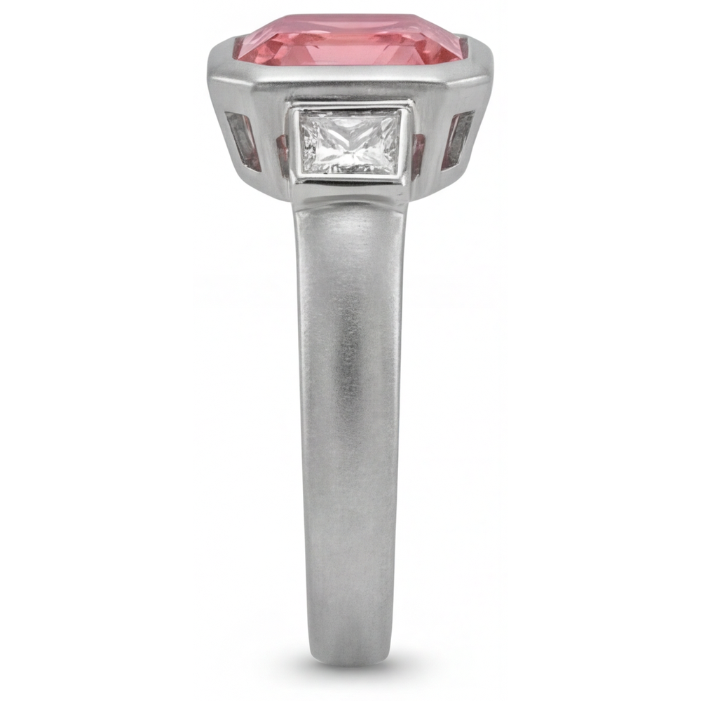 Peach Sapphire Engagement Ring 2.9 Carat Natural Asscher Padparadscha and White Baguette Bezel Three Stone 14K Gold