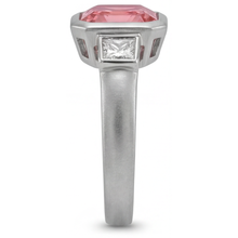 Peach Sapphire Engagement Ring 2.9 Carat Natural Asscher Padparadscha and White Baguette Bezel Three Stone 14K Gold