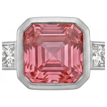 Peach Sapphire Engagement Ring 2.9 Carat Natural Asscher Padparadscha and White Baguette Bezel Three Stone 14K Gold