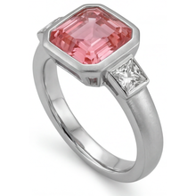 Peach Sapphire Engagement Ring 2.9 Carat Natural Asscher Padparadscha and White Baguette Bezel Three Stone 14K Gold