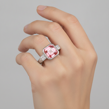 Peach Sapphire Engagement Ring 2.9 Carat Natural Asscher Padparadscha and White Baguette Bezel Three Stone 14K Gold