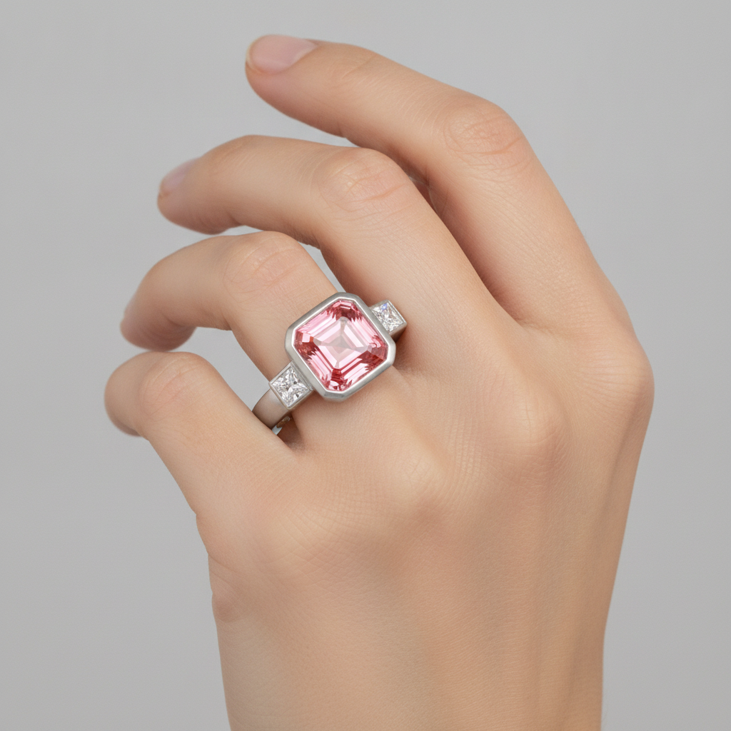 Peach Sapphire Engagement Ring 2.9 Carat Natural Asscher Padparadscha and White Baguette Bezel Three Stone 14K Gold
