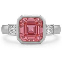 Peach Sapphire Engagement Ring 2.9 Carat Natural Asscher Padparadscha and White Baguette Bezel Three Stone 14K Gold