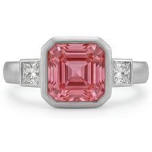 Peach Sapphire Engagement Ring 2.9 Carat Natural Asscher Padparadscha and White Baguette Bezel Three Stone 14K Gold
