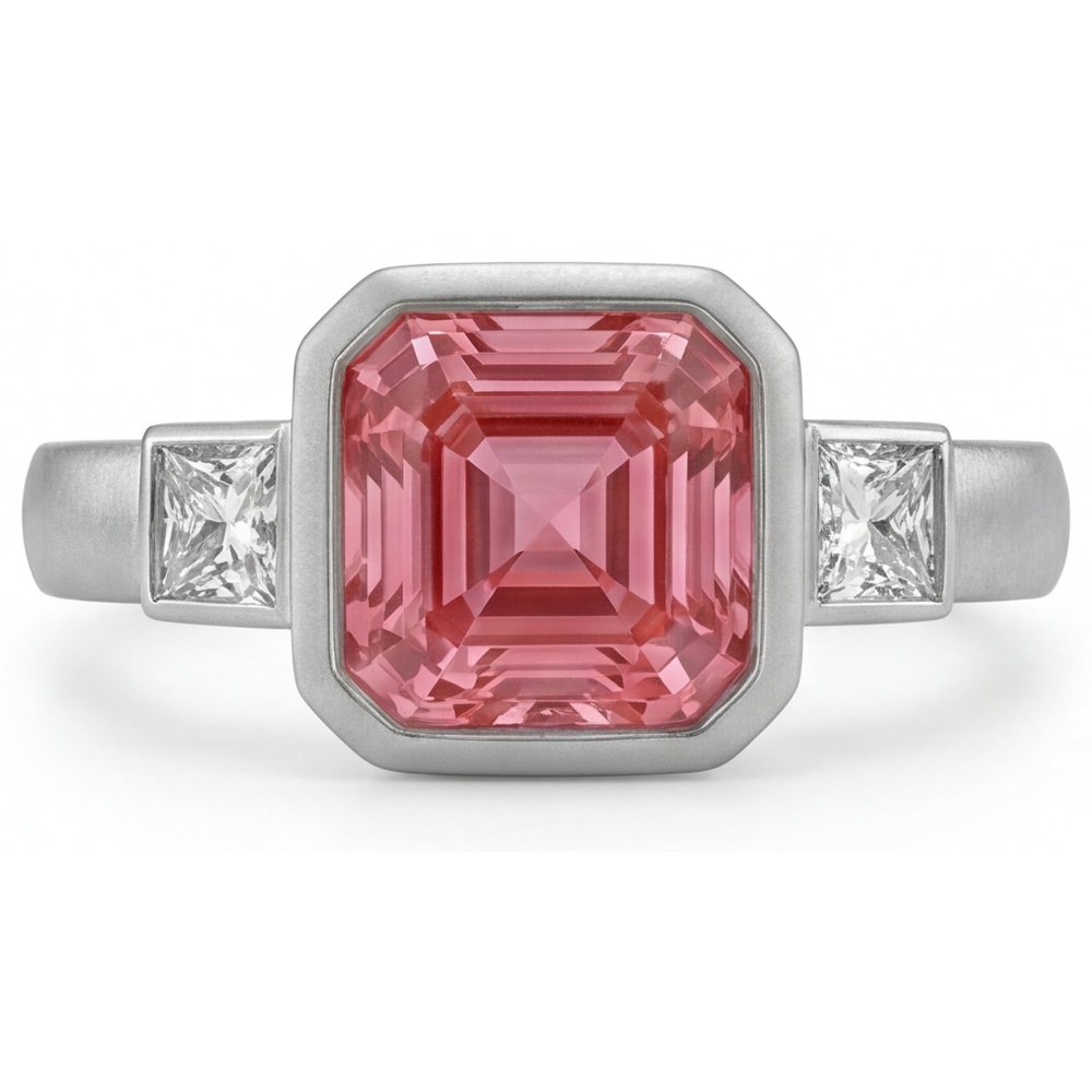 Peach Sapphire Engagement Ring 2.9 Carat Natural Asscher Padparadscha and White Baguette Bezel Three Stone 14K Gold