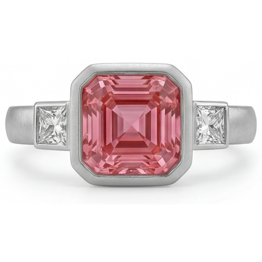 Peach Sapphire Engagement Ring 2.9 Carat Natural Asscher Padparadscha and White Baguette Bezel Three Stone 14K Gold