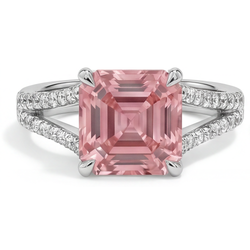 Peach Sapphire 3.8 Carat Natural Asscher Padparadscha Pave Ring 14K White Gold