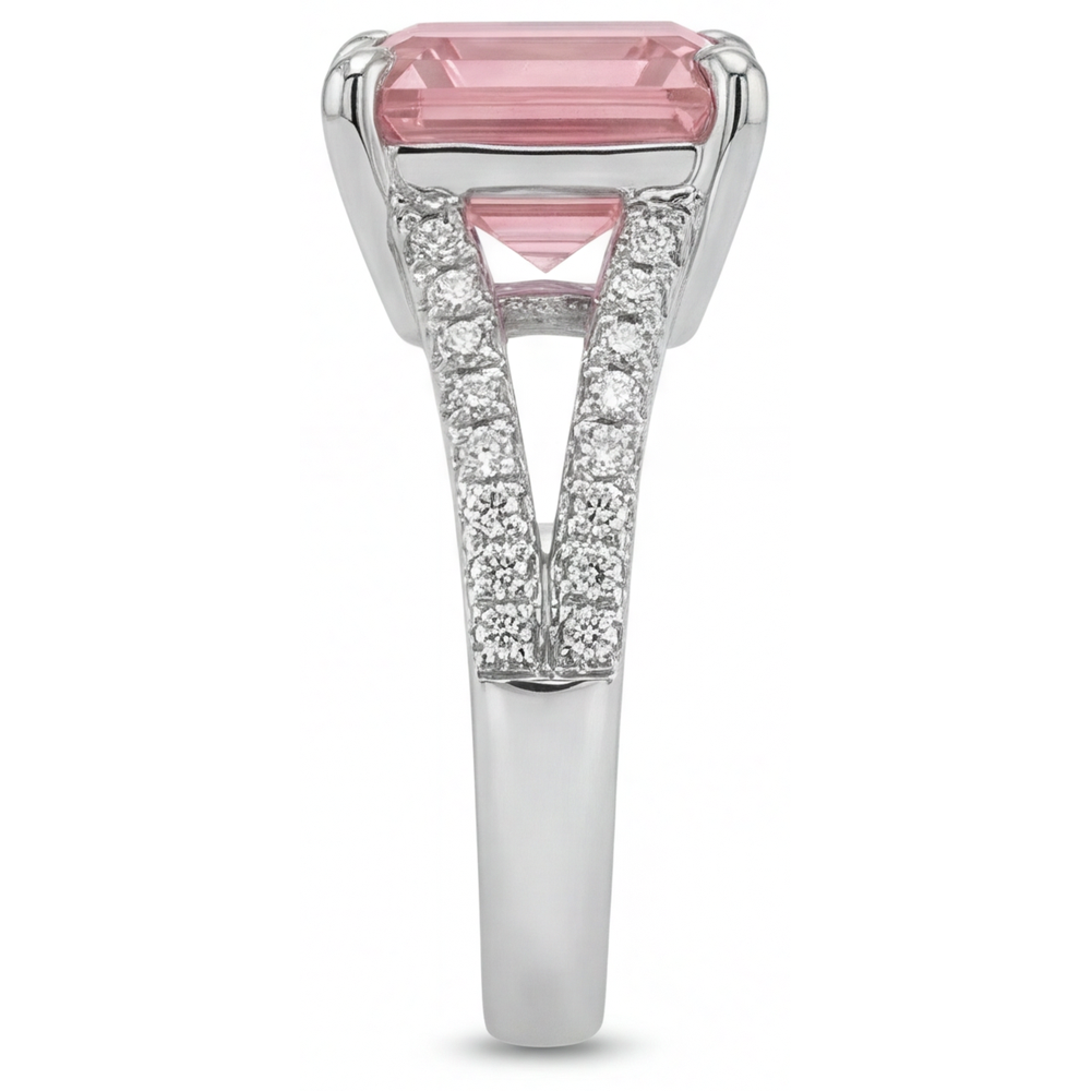 Peach Sapphire Engagement Ring 3.8 Carat Natural Asscher Padparadscha Pave 14K White Gold