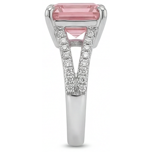 Peach Sapphire Engagement Ring 3.8 Carat Natural Asscher Padparadscha Pave 14K White Gold