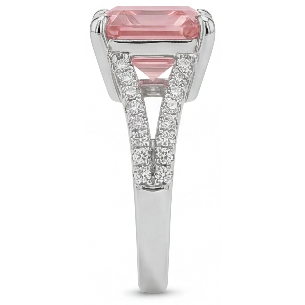 Peach Sapphire 3.8 Carat Natural Asscher Padparadscha Pave Ring 14K White Gold