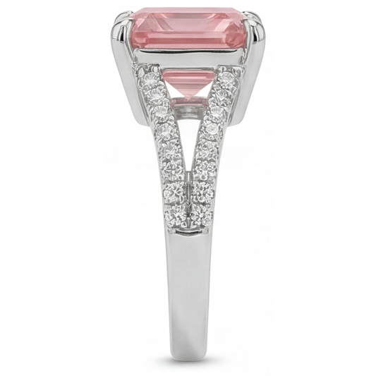 Peach Sapphire 3.8 Carat Natural Asscher Padparadscha Pave Ring 14K White Gold