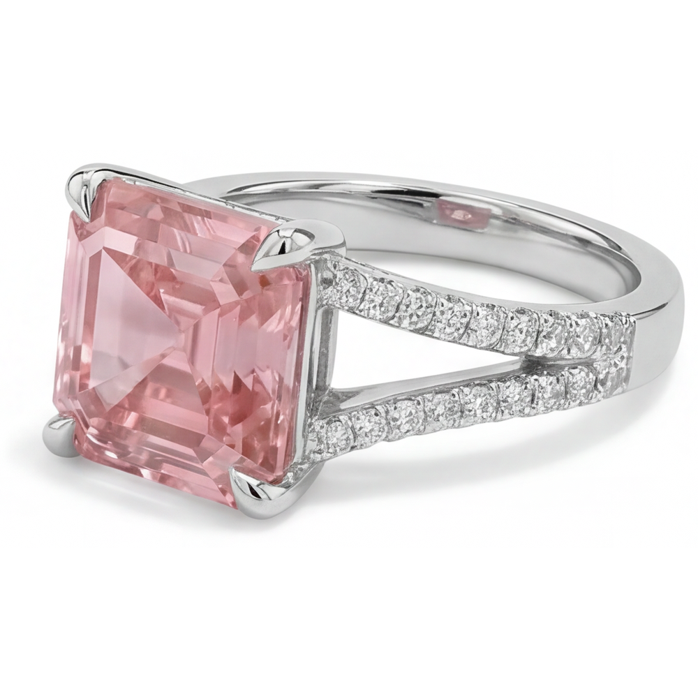 Peach Sapphire 3.8 Carat Natural Asscher Padparadscha Pave Ring 14K White Gold