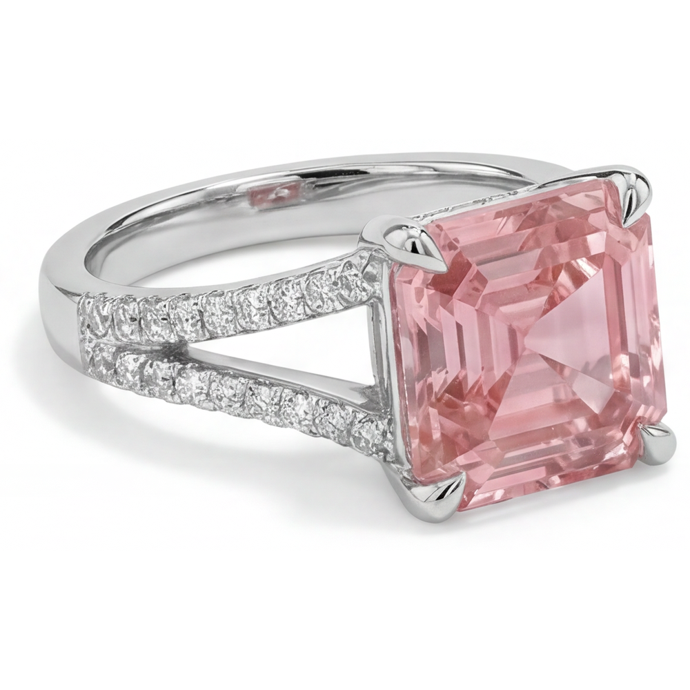 Peach Sapphire 3.8 Carat Natural Asscher Padparadscha Pave Ring 14K White Gold