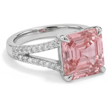Peach Sapphire 3.8 Carat Natural Asscher Padparadscha Pave Ring 14K White Gold