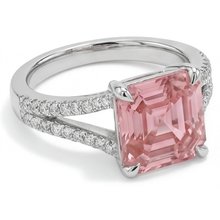 Peach Sapphire 3.8 Carat Natural Asscher Padparadscha Pave Ring 14K White Gold