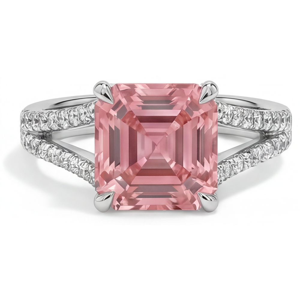 Peach Sapphire Engagement Ring 3.8 Carat Natural Asscher Padparadscha Pave 14K White Gold