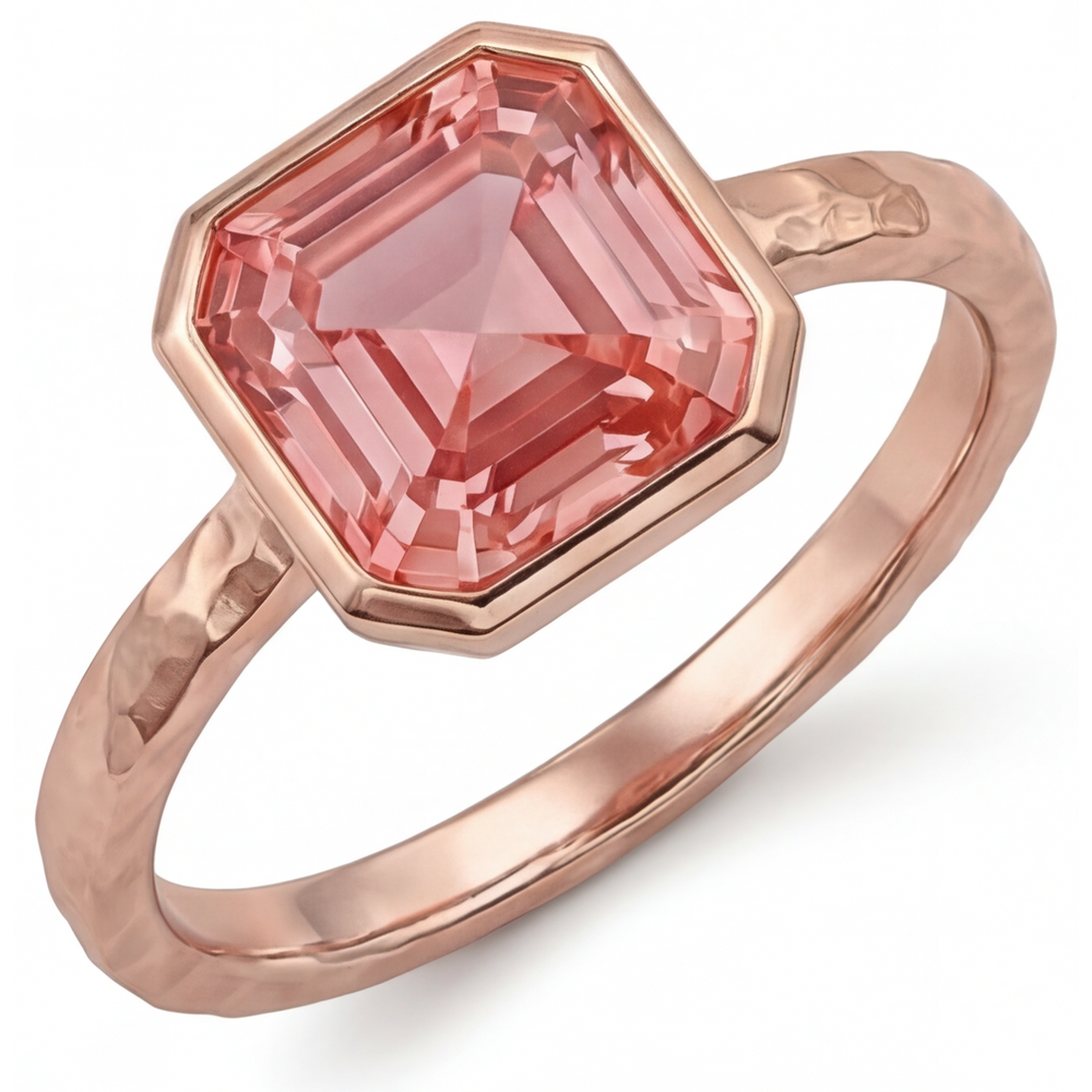 Peach Sapphire Rose Gold Engagement Ring 2.5 Carat Genuine Asscher Padparadscha Bezel Solitaire