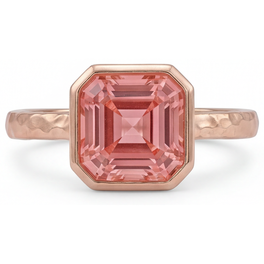 Peach Sapphire Rose Gold Engagement Ring 2.5 Carat Genuine Asscher Padparadscha Bezel Solitaire