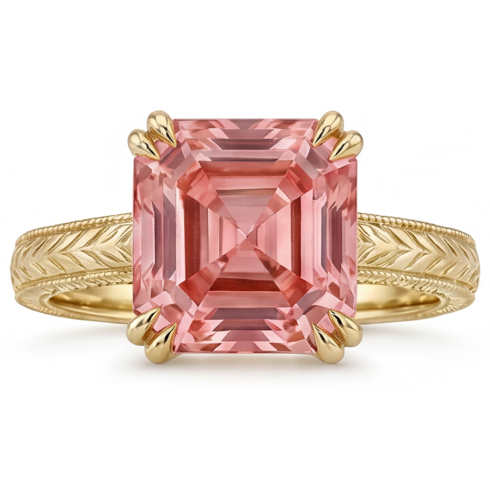 Peach Sapphire Engagement Ring 3.5 Carat Natural Asscher Padparadscha Solitaire 14K Yellow Gold