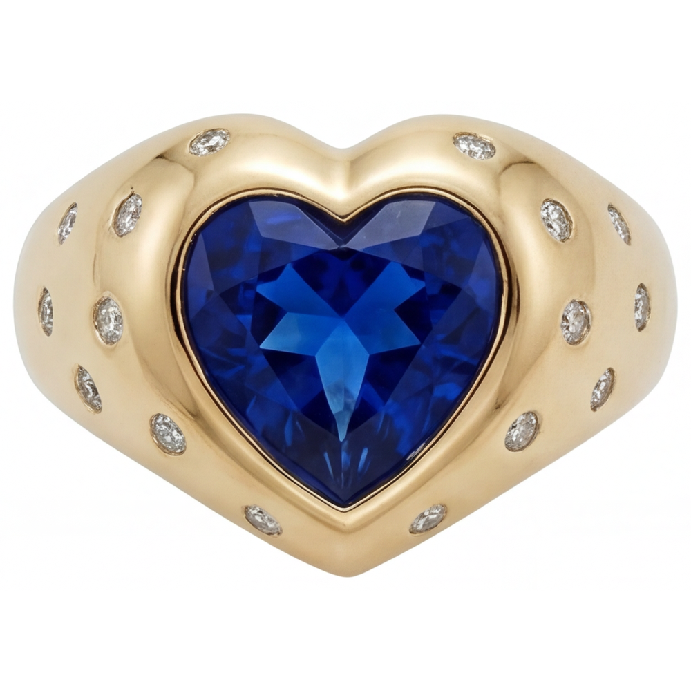 Heart Shape Blue Sapphire ring in 14K Yellow Gold – front view
