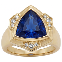Trilliant Cut Blue Sapphire ring in 14 Karat Yellow Gold – front view