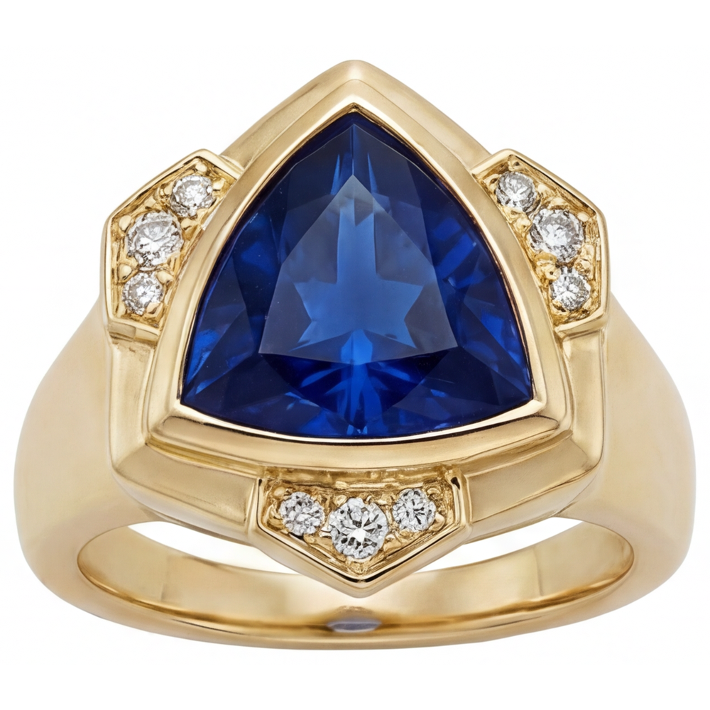 Trilliant Cut Blue Sapphire ring in 14 Karat Yellow Gold – front view
