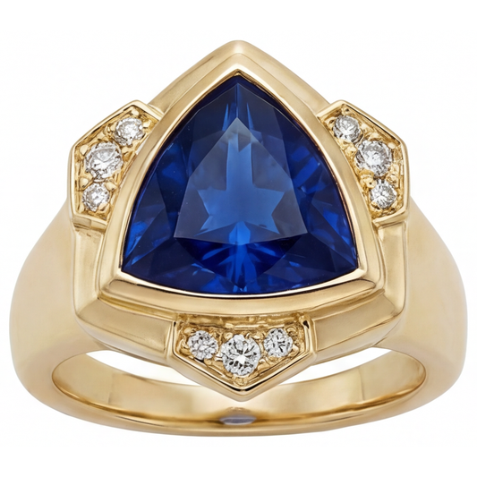 Trilliant Cut Blue Sapphire ring in 14 Karat Yellow Gold – front view