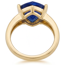 Blue Sapphire Trillion Cut Gemstone Ring in 14 Karat Yellow Gold – angle view