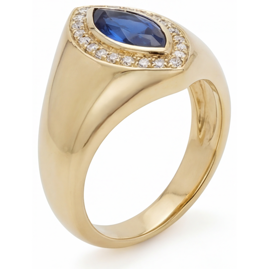 Blue Sapphire Marquise Cut Precious Stone Ring in 14 Karat Yellow Gold – front view