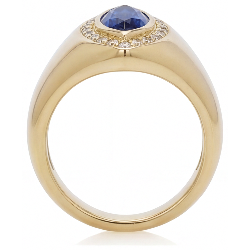 Blue Sapphire Marquise Cut Precious Stone Ring in 14 Karat Yellow Gold – profile view