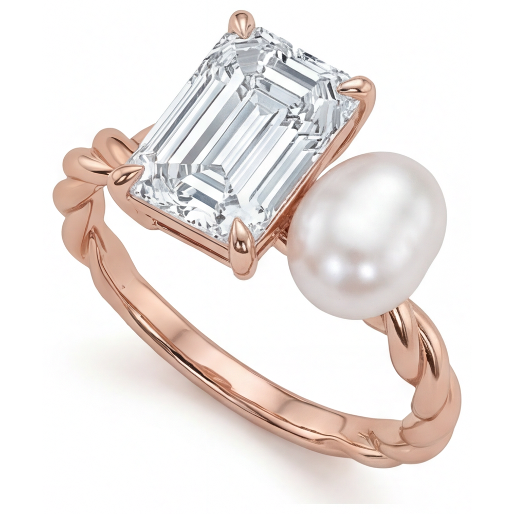 Brilliant Diamond Emerald Cut Fine Jewelry Ring in 14K Rose Gold – front view