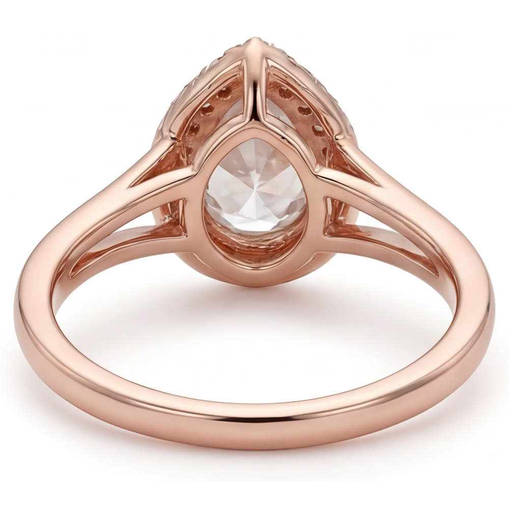Brilliant Diamond Pear Shape Halo Engagement Ring in 14K Rose Gold – profile view