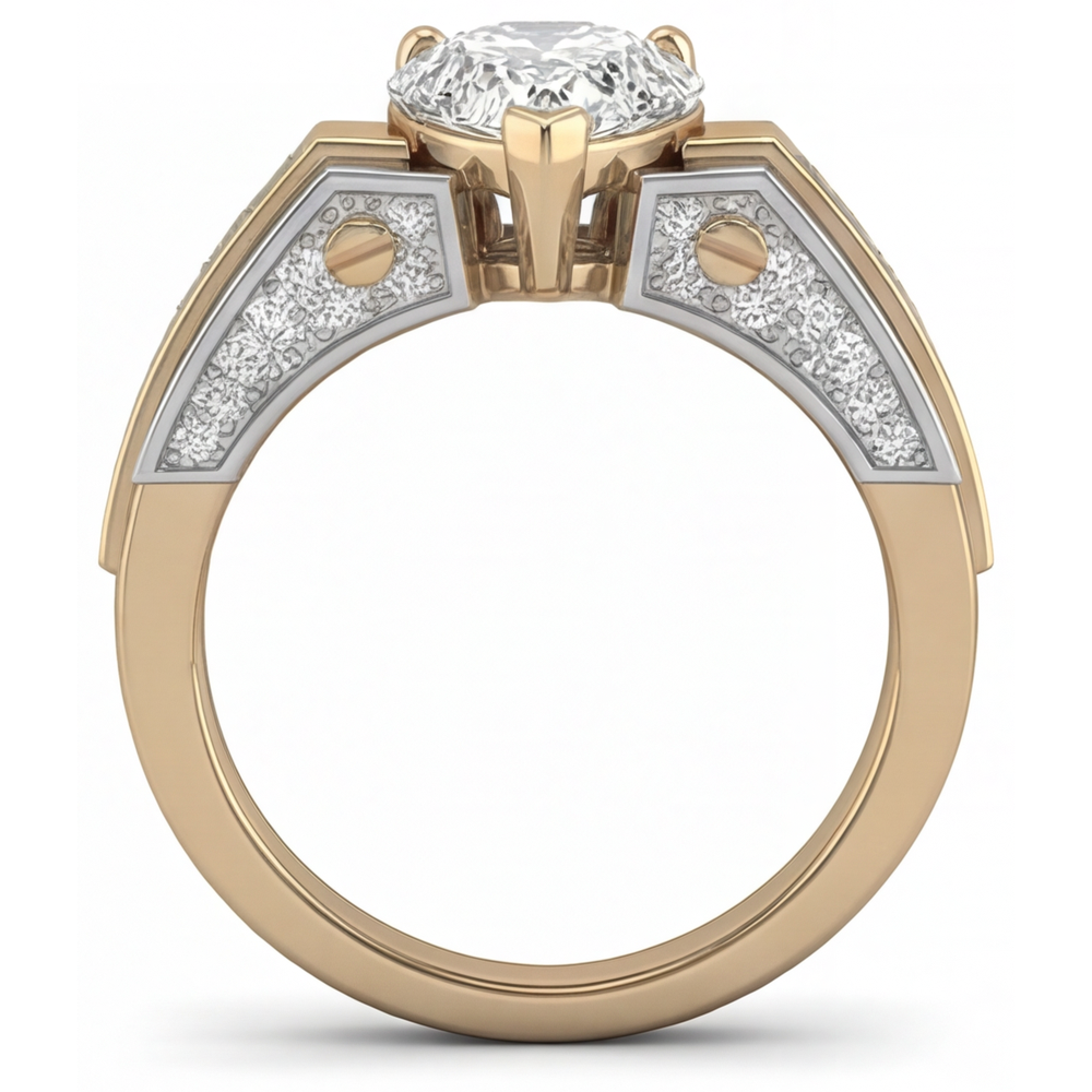 Brilliant Diamond Pear Cut Solitaire with Side Stones in Two-Tone 14K Gold – profile view