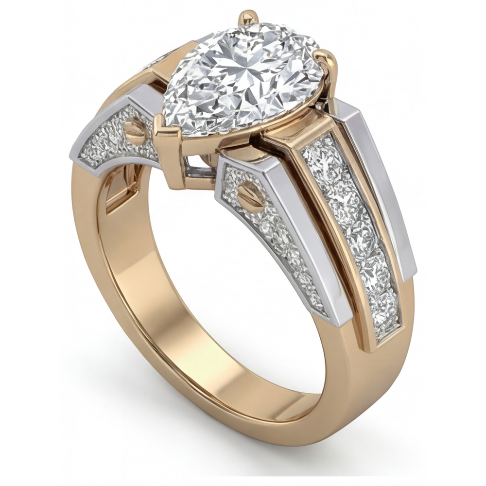 Brilliant Diamond Pear Cut Solitaire with Side Stones in Two-Tone 14K Gold – top view