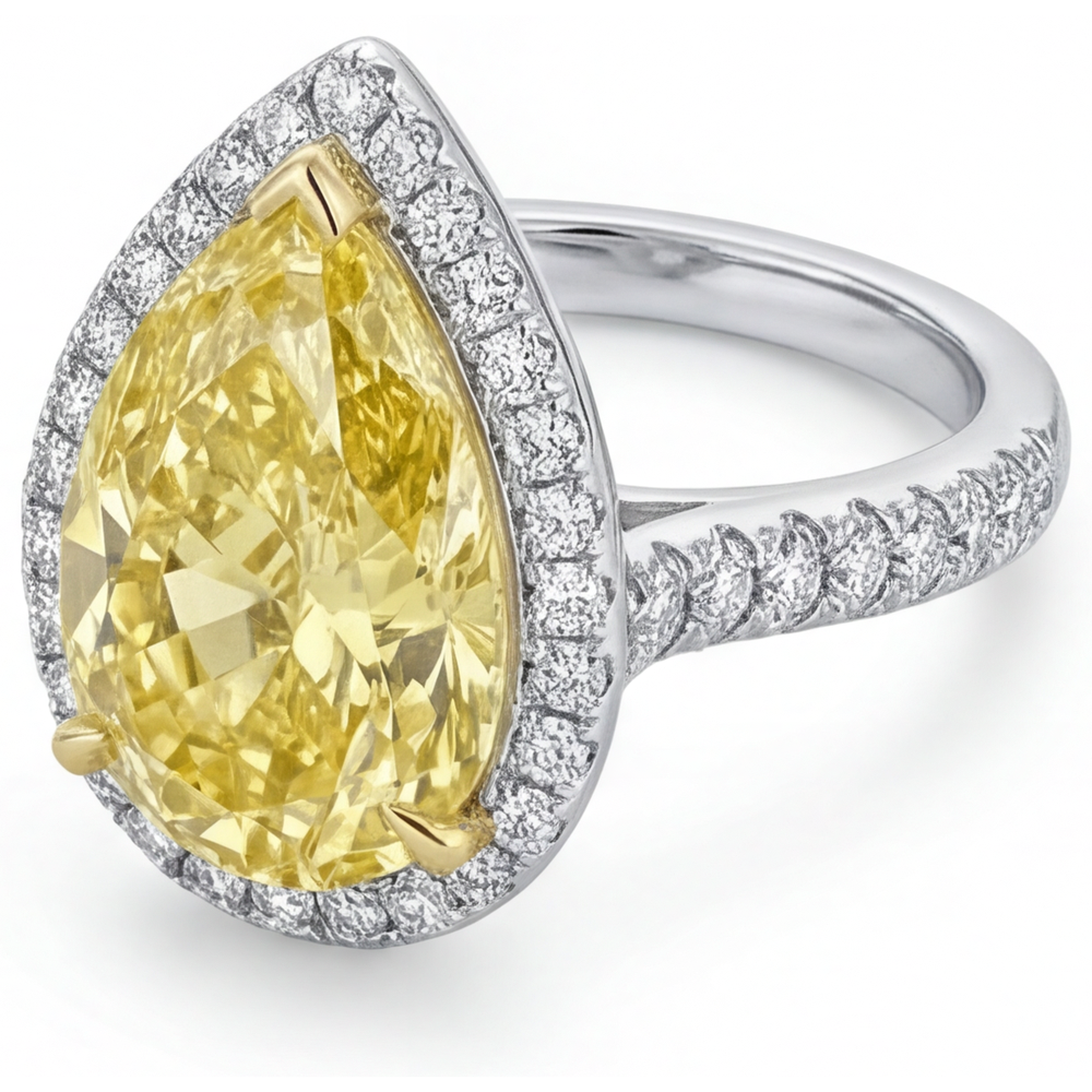 Pear Shape Canary Yellow Diamond ring in 14K Two Tone Gold – angle view